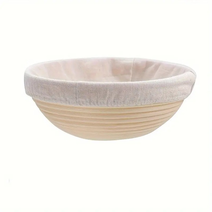 Kenyérkelesztő kosár és kenyérforma - Természetes nád pamut sajtvászon béléssel kézműves sütéshez, spirális, sima felületű - Kézműves rattan tál kovászos, rozsos és búzás kenyérhez