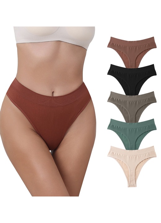 Set de 5 perechi tanga dama Sport si fitness, Negru/Maro/Verde inchis/Bej