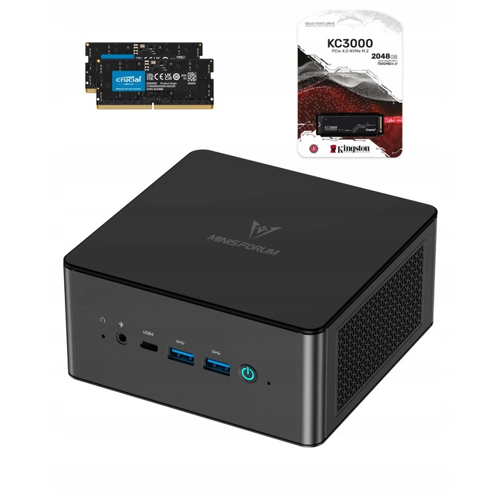 Mini PC, Minis Forum, AMD Ryzen 9 8945HS, 32GB RAM DDR5, 2TB SSD KC3000, RADEON 780M, Windows 11 Pro, Port Oculink eGPU, 2x USB4, 2x LAN 2.5G, WiFi 6E, Suport pentru 4 monitoare 8K, negru