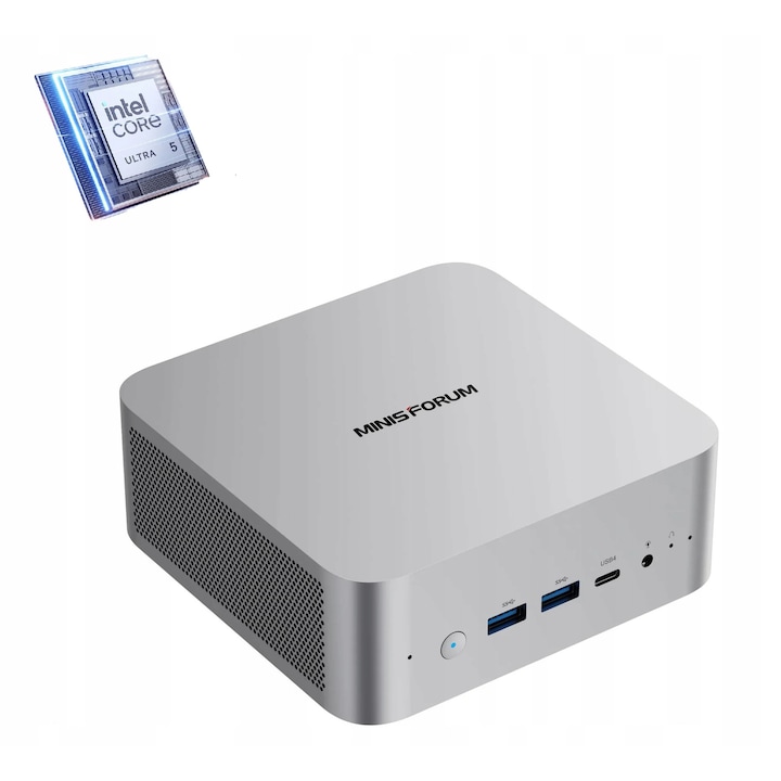 Mini PC AI, Minis Forum, M1 Pro, Intel Ultra 5 125H, 64GB RAM DDR5, 1TB SSD PCIe4, Intel Arc GPU, Windows 11 Pro, NPU pentru AI, Port Oculink, 2x USB4, LAN 2.5G, WiFi 7, argintiu