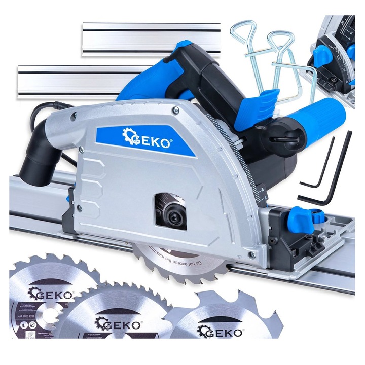 Fierastrau circular Geko, 1200 W, 165 mm, adancime taiere 56 mm, unghi 90-45, set cu sina de ghidare 70 cm