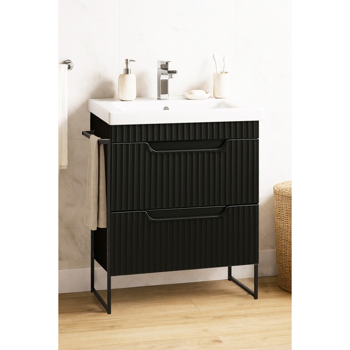 Set mobilier de baie MDF si lavoar Badenmob, seria 733, cu sertare, Cadru metalic, 60x46x91cm, Negru