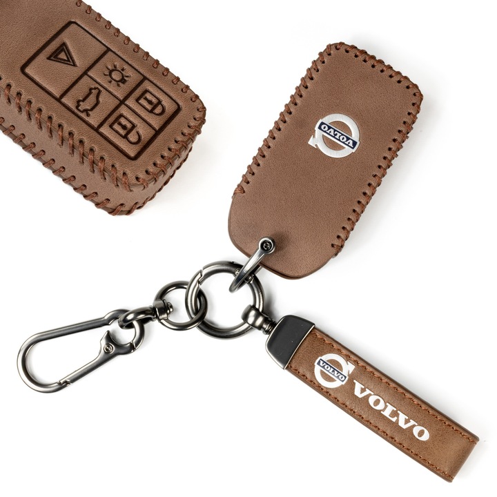 Bőr tok a távirányítóhoz kulcstartóval Volvo Brown
