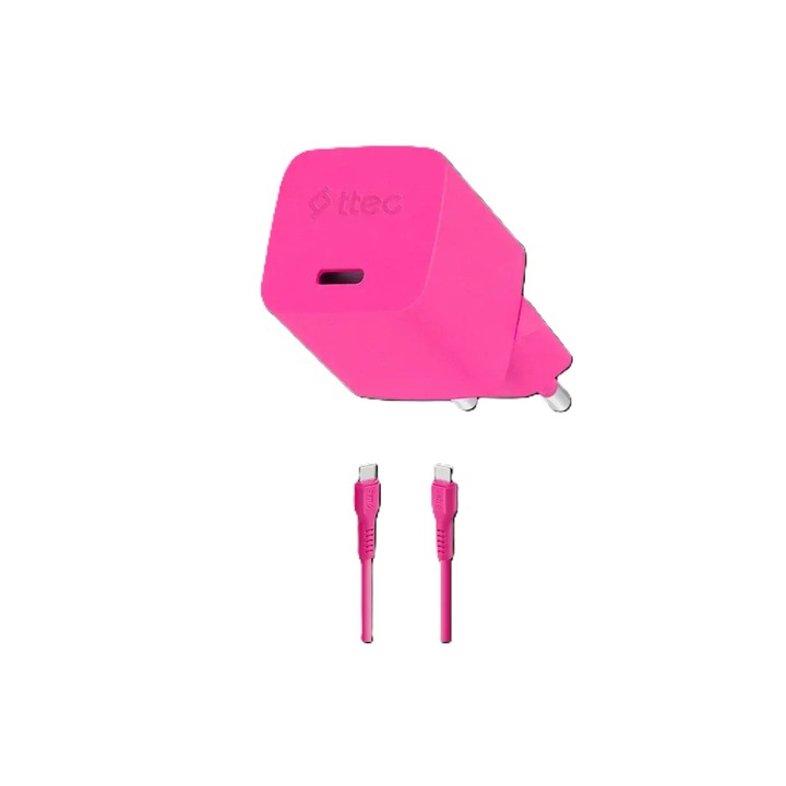 Încărcător ttec, 220V, SmartCharger, GAN, 20W PD, Încărcător rapid de călătorie + cablu USB-C - USB-C 3A 120cm, Roz Neon