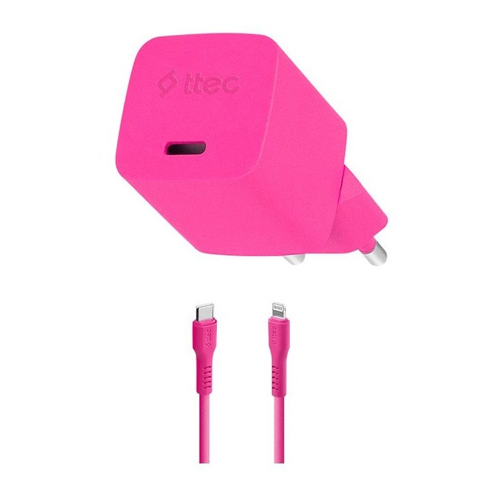 Зарядно, ttec, 220V, SmartCharger, GAN 20W PD, Travel Fast Charger, USB-C - Lightning Cable 120cm, Neon Pink