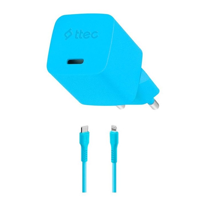Зарядно, ttec, 220V, SmartCharger, GAN 20W PD, Travel Fast Charger, USB-C - Lightning Cable 120cm, Neon Blue