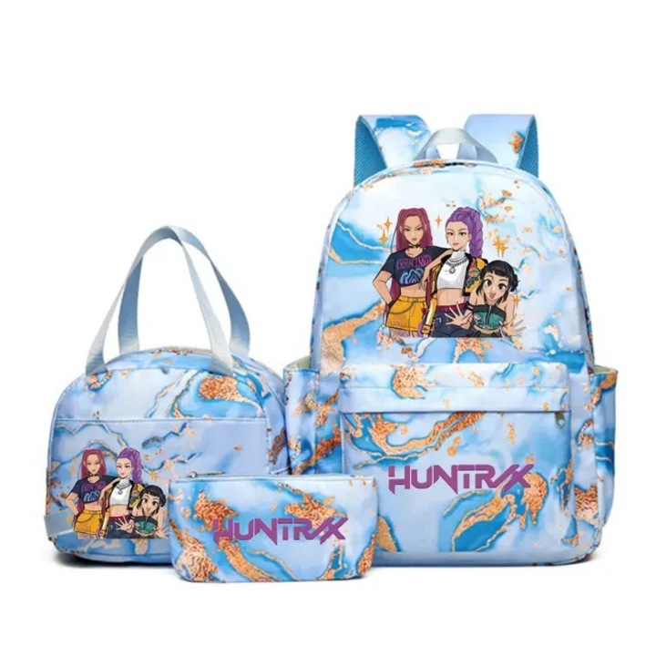 Anime mintás iskolatáska, 9 részes szett, kék, vízálló, unisex