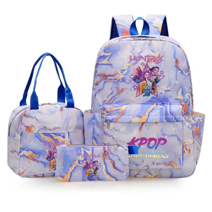 Unisex anime mintás hátizsák, 26 darabos szett, zöld, vízálló, nagy rekesz