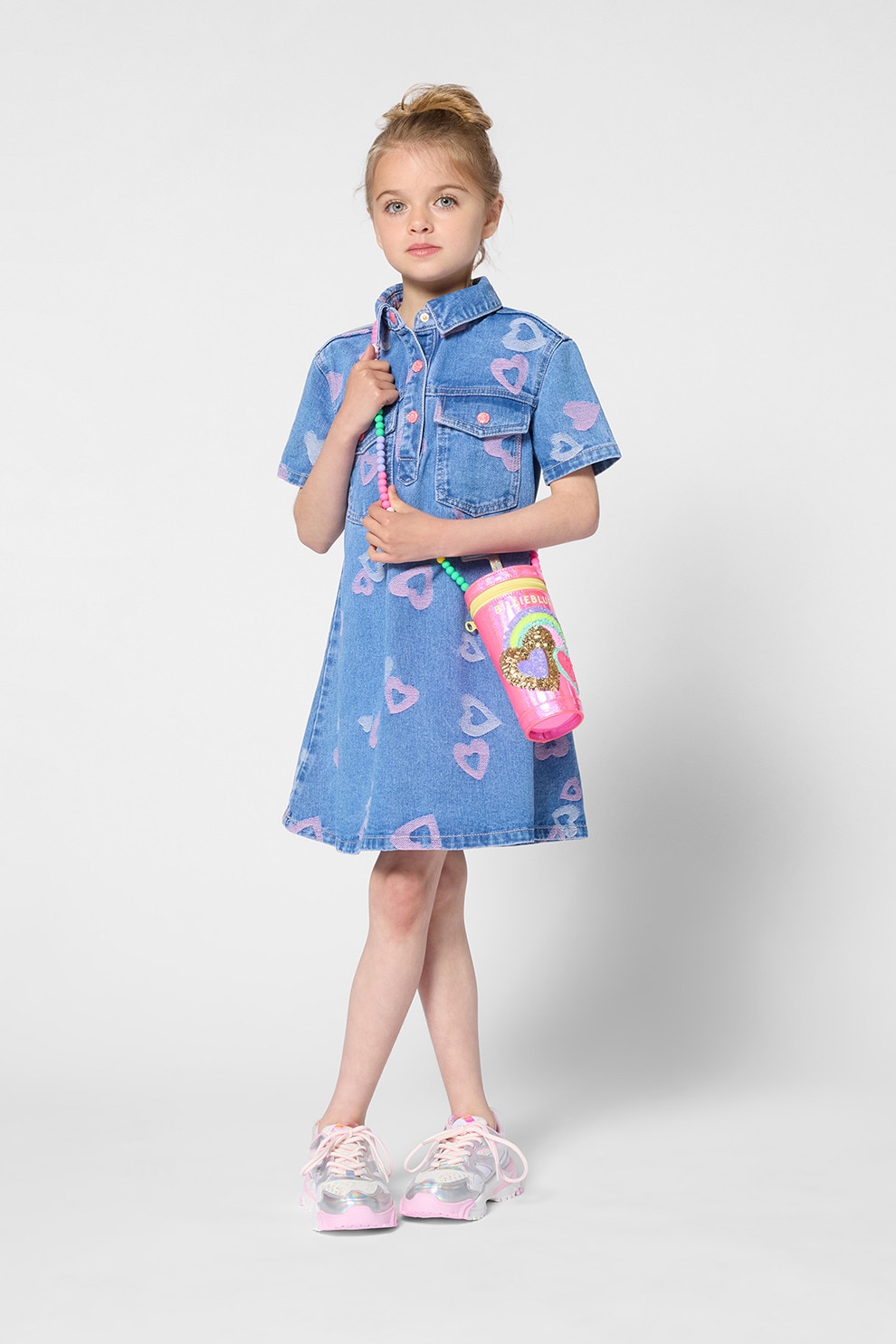 Billieblush, Rochie din denim cu inimi brodate, Albastru, 126 CM