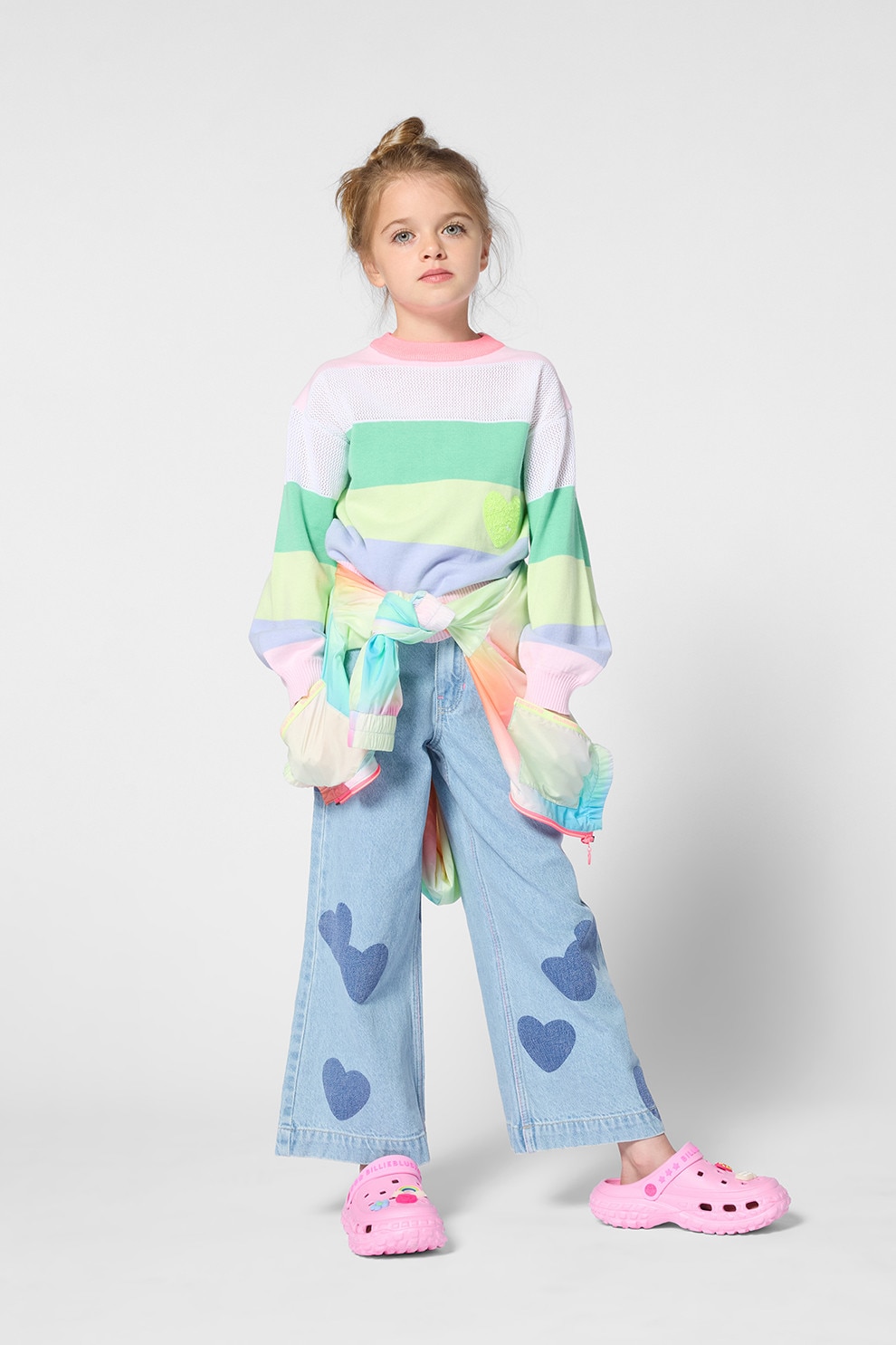 Billieblush, Blugi cu croiala ampla si model cu inimi, Albastru deschis, 150 CM