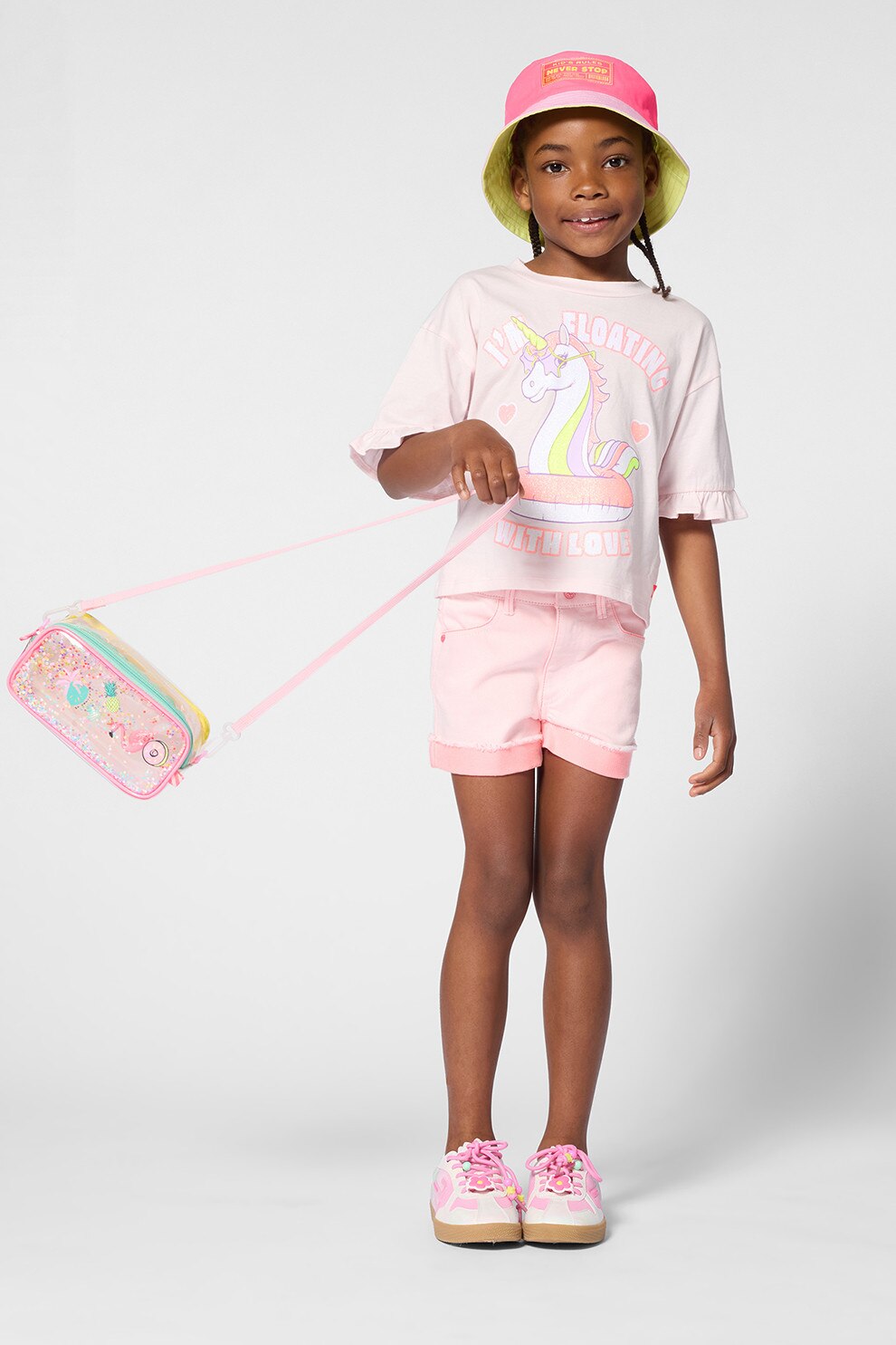 Billieblush, Tricou cu imprimeu cu unicorni si volan, Roz pastel, 114 CM