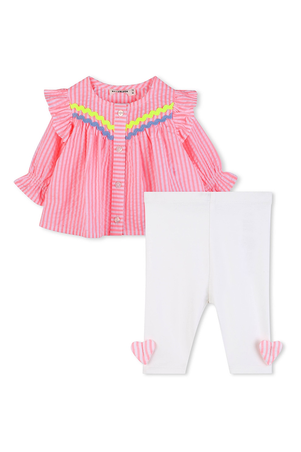 Billieblush, Set de camasa in dungi din amestec de bumbac si colanti - 2 piese, Alb, Roz, 81 CM