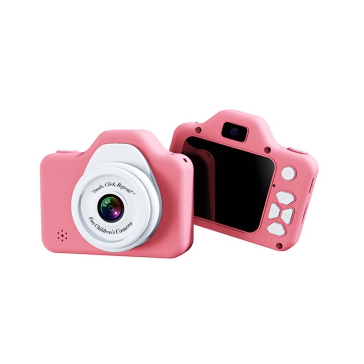 Camera foto pentru copii, ecran IPS de 2 inci, zoom 8x, inregistrare foto/video, redare muzica, jocuri incorporate, baterie de 400 mAh, portabila, roz