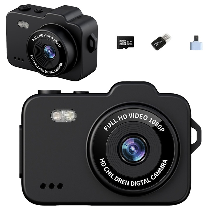 Mini camera foto, Aiorber, cu card de memorie de 32 GB, ecran de 0,96 inci, design usor si portabil, blit incorporat si filtre de infrumusetare, camera foto pentru copii, negru