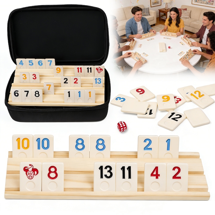 Joc Remi, BYONDSELF®, pentru 2-6 Jucatori, Punga Pratica din Oxford, Portabil, Perfect pentru Picnic sau Calatorii, Jocuri de societate, Piese Sculptate din Plastic, Alb