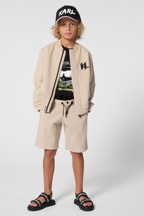 KARL LAGERFELD KIDS, Суитшърт с цип и лого, Черен/Светло бежово