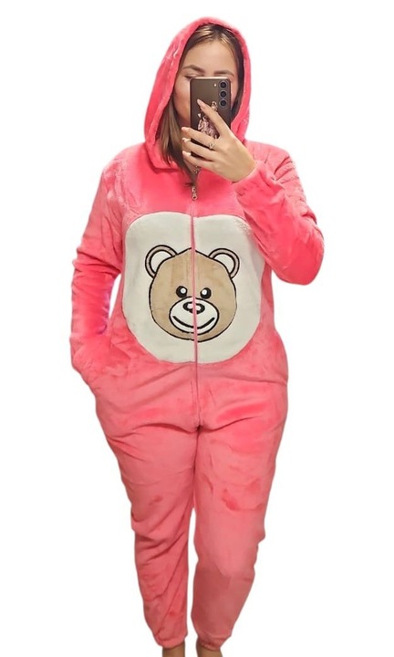 Rózsaszín overál pizsama kapucnival, maci mintával, plüss anyagból, Egyszínű