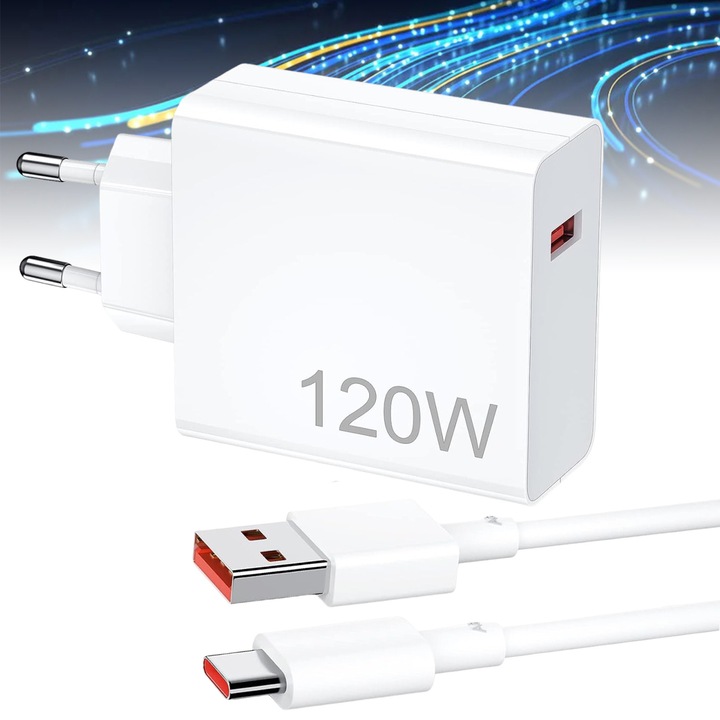 Incarcator Fast Charge, AKKEE, Turbo Charge 120W, cu Cablu de Incarcare Type-C de 1 Metru, Design Compact, Protectii Multiple, Compatibil cu Xiaomi, RedMi, Samsung, Alb