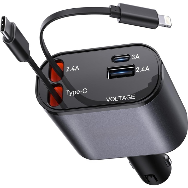 Incarcator auto 4 in 1, retractabil, Lightning + Type-C, NARCIX®, 120W, Fast Charging, Display Digital, 12V-24V, Protectie Inteligenta, Negru