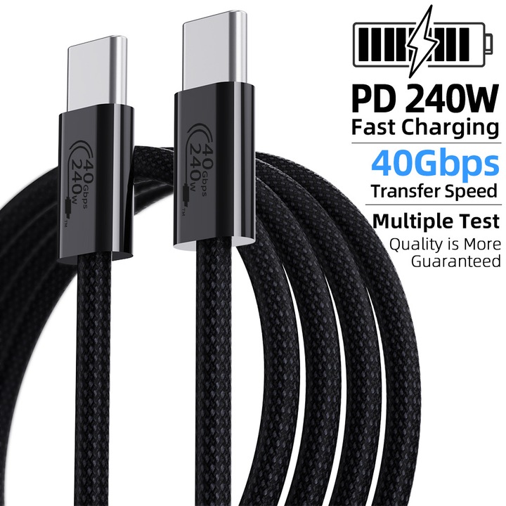 Cablu USB-C la USB-C, USB4 si Thunderbolt 4, SuperFastCharge 240W, 40Gbps, SSD, OTG, 8K@60Hz, 1m, Negru-Gri, YakiHoki®