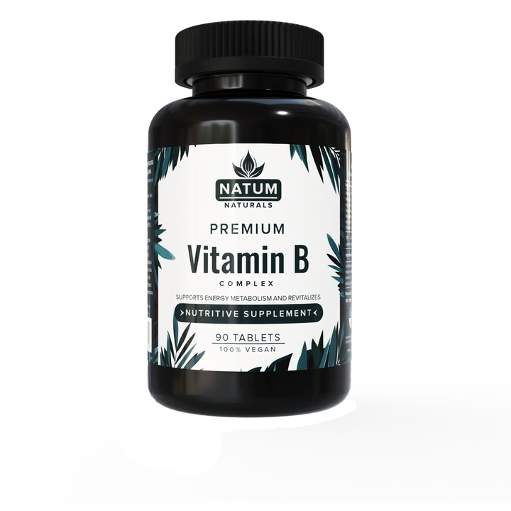 Supliment Alimentar Premium Vitamina B Complex, NATUM NATURALS®, 90 Comprimate, 100% Vegan, Fara GMO, Fara Alergeni, Energie, Oboseala, Sistem Nervos, Vitamine B1 B2 B3 B5 B6 B11 B12, Absorbtie Ridicata, 90 Zile