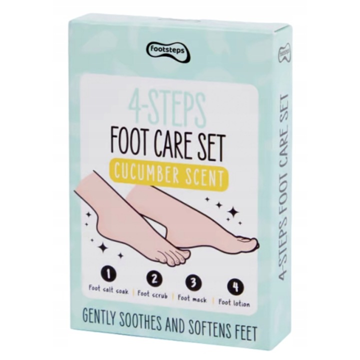 Footsteps 4 Lépéses Lábápoló Szett, Krém, Hámlasztó, Regeneráló Maszk, Fürdőszappan, Uborka Illat
