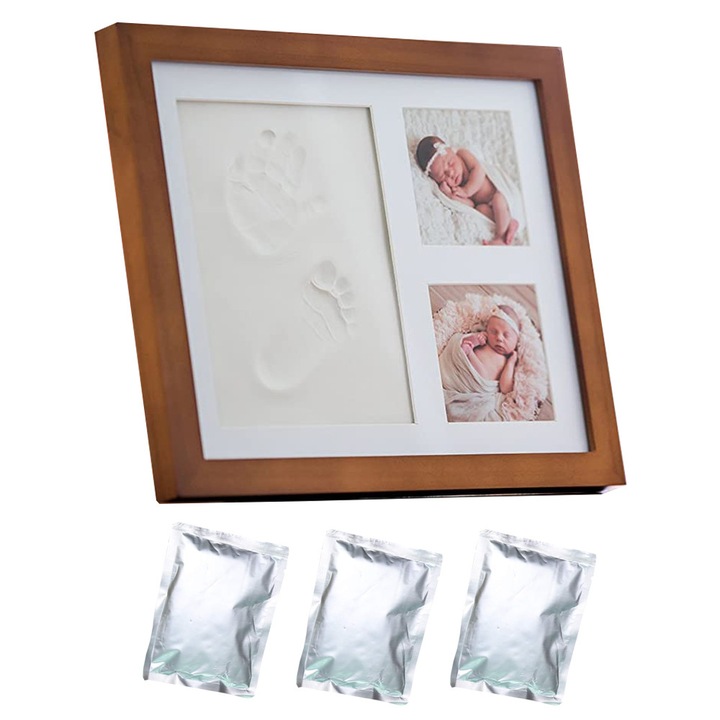 Kit de Amprenta Bebelusi 3D Mulaj Mana/Talpa, Rama Foto Duala, [28x23 cm], Maro, Cadou Botez/Baby Shower