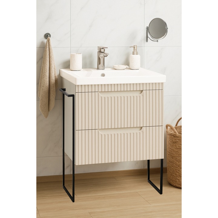 Set mobilier de baie MDF si lavoar Badenmob, seria 733, cu Sertare, Cadru metalic, 60x46x91cm, Crem