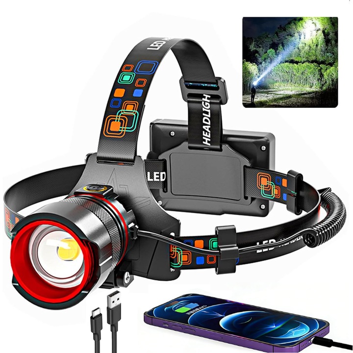 Професионален LED челник 30 w, asskanaer, Акумулаторен челник, 3 включени акумулаторни батерии 18650, 3 режима на светене, 1600 lm, 800 m, С увеличение, IP41, За къмпинг, Туризъм, Риболов, От алуминий, 7.7*4.5*7.8 см, Червено/Черно