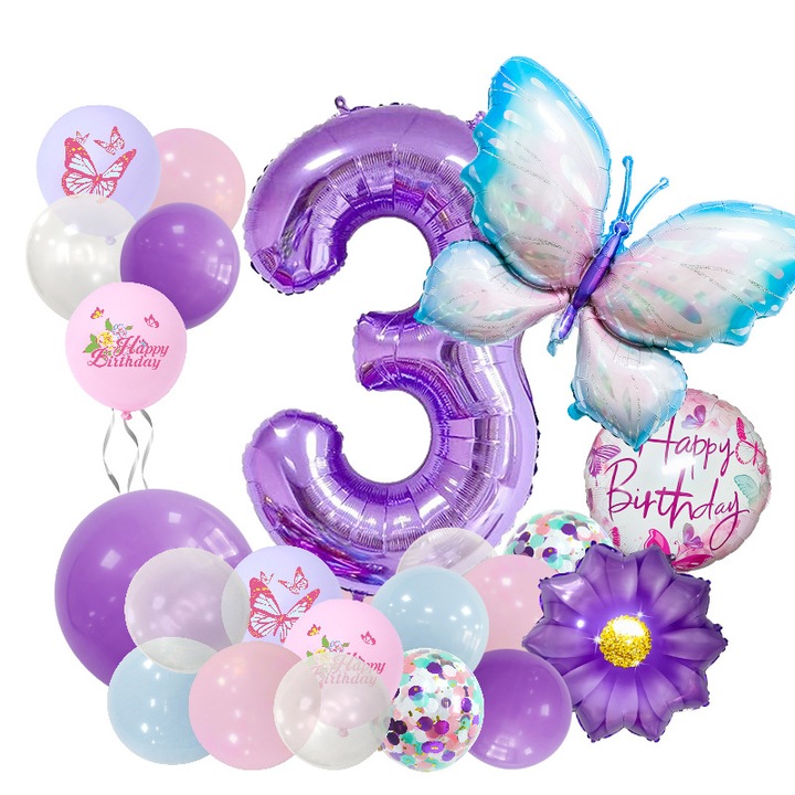 Set Baloane cu Numarul 3, pentru Petreceri de Nastere, Violet