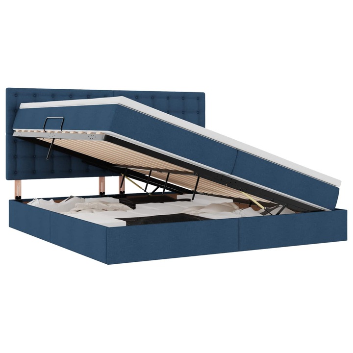 Pat cu saltea vidaXL, cu mecanism de ridicare hidraulic, LED RGB, albastru, 200x200cm