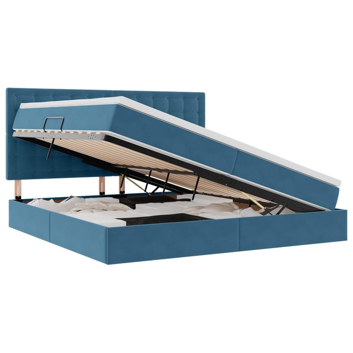 Ágy LED -es lámpákkal tárolóval Sötét kék 200 x 200 cm Bársony, vidaXL, 3372811