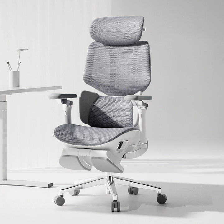 Scaun Birou Ergonomic Timebox X7, Tehnologie AI Urmarire Lombara, Masaj Electric pe 3 Zone cu Incalzire, Suport Picioare Retractabil, Cadru Aliaj Aluminiu, Baterie Integrata, Negru