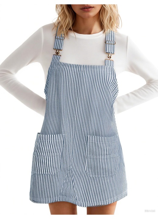 Rochie din denim casual femei, de toamna, salopeta dungata, bretele reglabile（10177）, Albastru