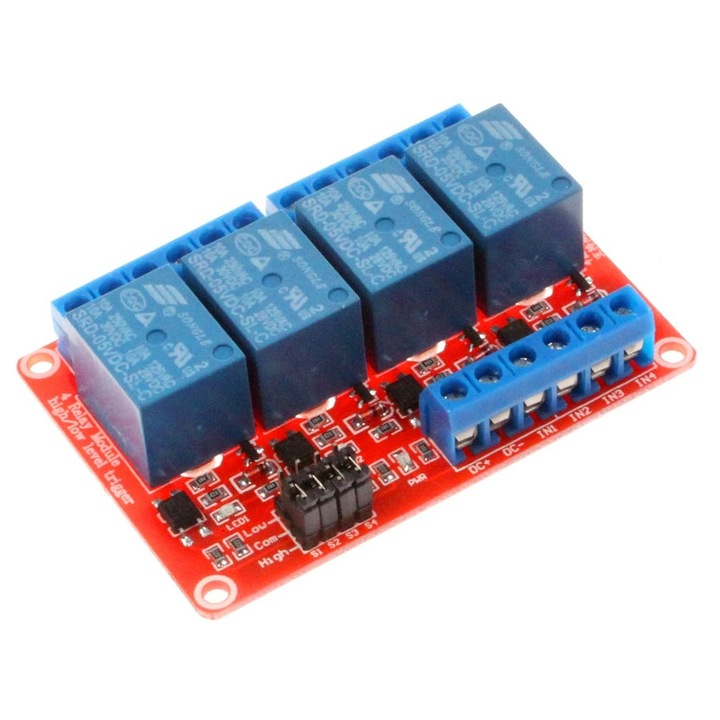 Modul releu cu 4 canale, cu izolație optocuplor, 5VDC, HL/LL, 10A