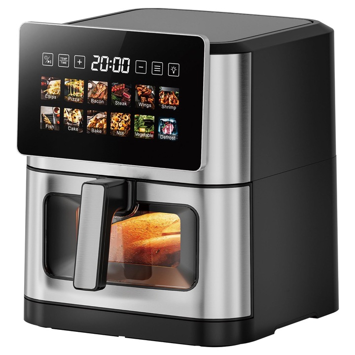Friteuza cu aer cald 12 in 1, fara ulei, Nawaza™, capacitate 8 L, 1800W, display LCD, temperatura reglabila 80°C to 200°C, Capac Transparent, Timer 60 Min