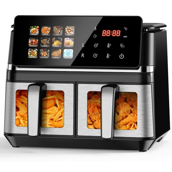 Friteuza dubla cu aer cald, capacitate 10 L, 2000W, 12 programe automate, fara ulei, SPRX, vas detasabil antiaderent, fereastra vizuala