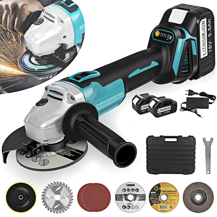 Polizor unghiular fara fir, YOUKUKE®, brushless, 20000 RPM / 7500 RPM / 4000 RPM, Mod cu 3 viteze, 2 acumulator, accesorii incluse, Negru + Albastru paun