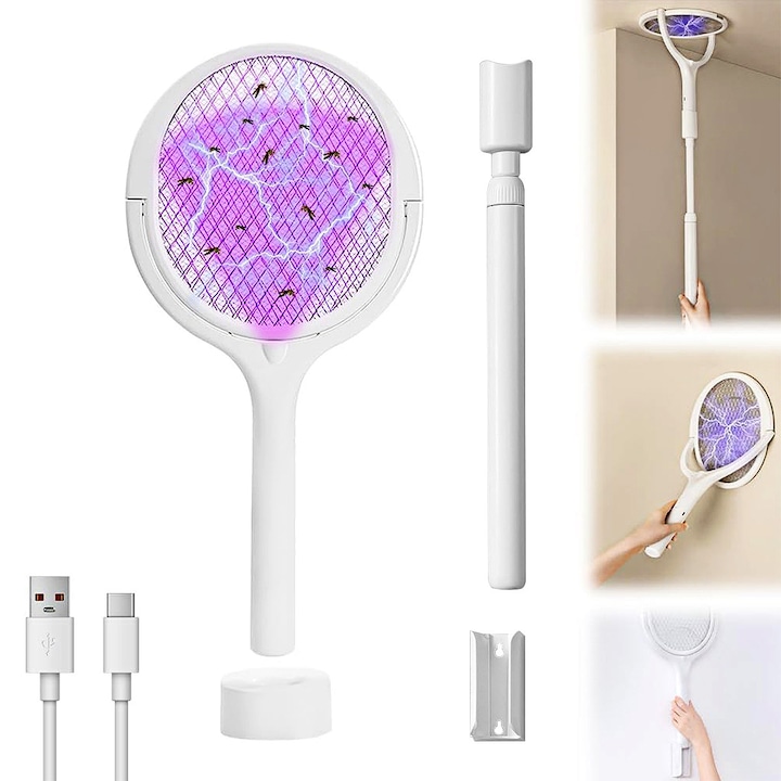 Paleta electrica pentru tantari, muste sau insecte, UV, Incarcare USB, 3500V, YOUKUKE®, Alb, Cu o tija de extensie telescopica