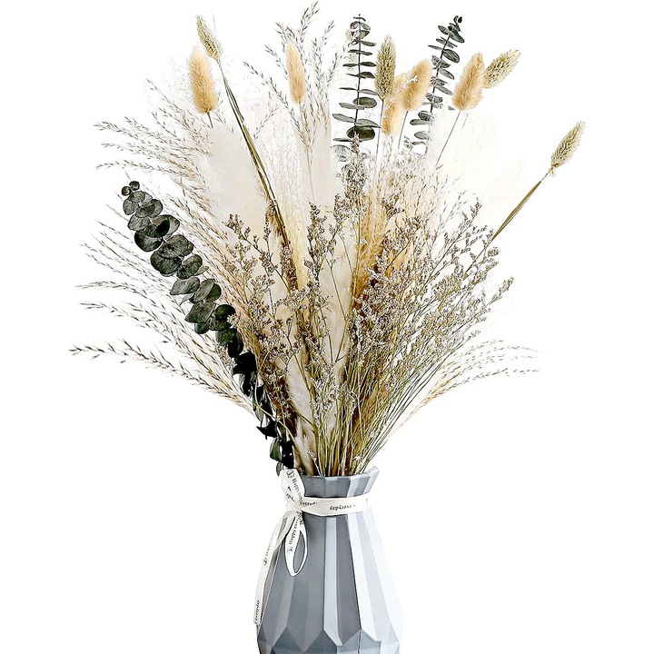 Buchet de iarba pampas uscata, YOUKUKE®, decor pentru acasa, Un buchet de flori boemiene uscate natural care contine 3 tipuri de flori, conservata natural, 82 bucati, multicolor