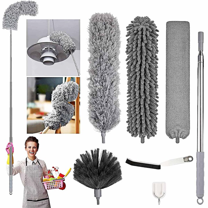 Set 7 pamatuf pentru praf YOUKUKE®, Maner Extensibil pana la 213 cm pentru zone greu accesibile, Capat flexibil pentru curatare casei, tavan, fereastre, mobilier, Usor de Folosit/Curatat, Gri