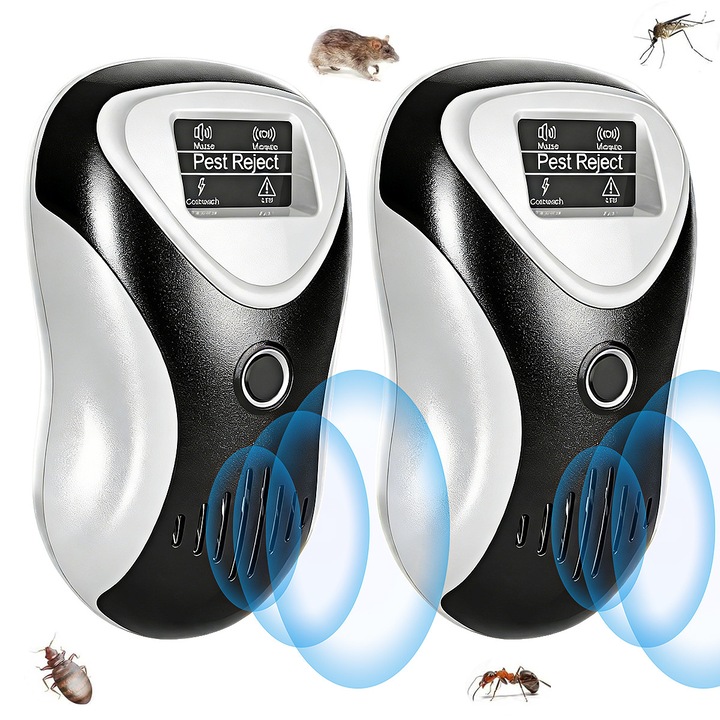 Set 2 Aparat Ultrasunete Anti-Daunatori Si Anti-Soareci, YOUKUKE®, Rozatoare, Sobolani, Soareci, Insecte, Ultrasonic, Protectie Extinsa, Solutie Non Toxica, Silentios, Arie Larga Eficienta, Rentabil, Negru/Alb