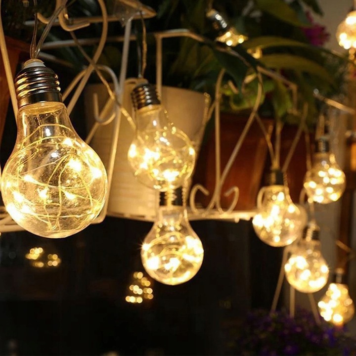 Ghirlanda luminoasa LED cu panou solar, YOUKUKE®, 8 moduri, 20 becuri filament LED, Durabile, Pentru gradinii si curtii, Plastic PET, 12.5M, Alb cald