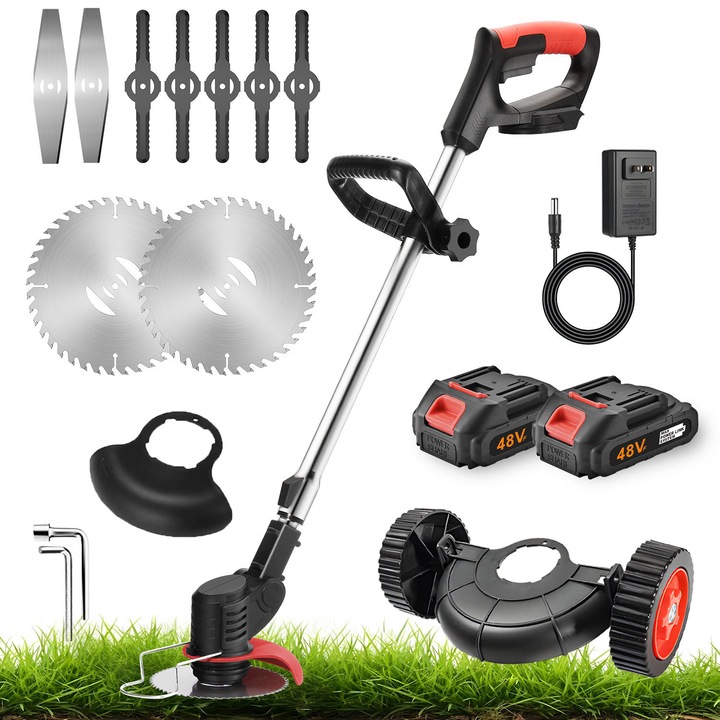 Motocoasa cu acumulator Profesionala YOUKUKE®, Disc Pentru Taiere, 2 Acumulatori 48V reala, Alimentator priza, Utilizare Fara Fir, Autonomie Extinsa, 18000 RPM, ABS/Metal, Culoare Rosu