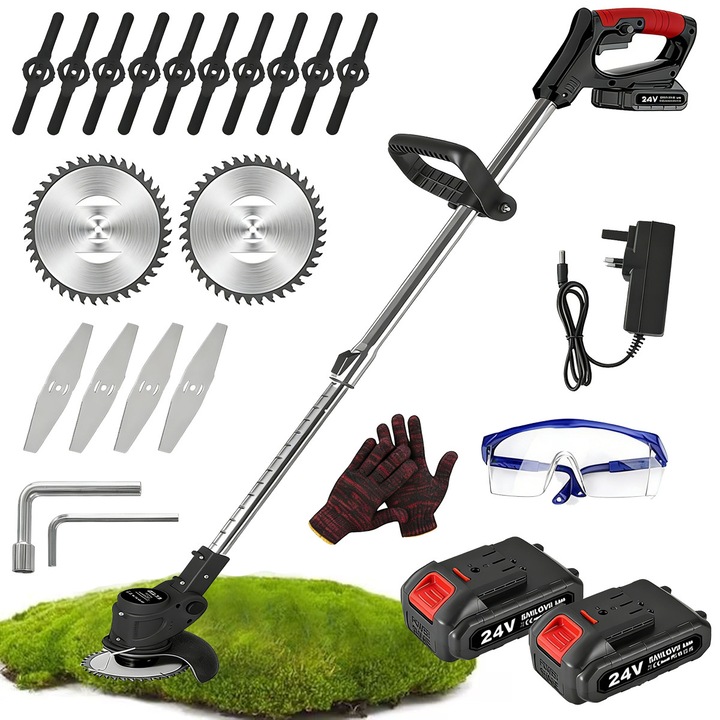 Motocoasa Electrica Profesionala YOUKUKE® 24V Cu 2 Acumulatori, Brat Ajustabil, 4 Lame Si 2 Disc Pentru Taiere, Autonomie 1 Ore, Motocoasa Pentru Iarba Si Buruieni, Verde, Puternica Si Eficienta