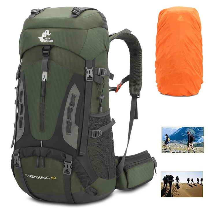 Rucsac drumetie 70L, YOUKUKE®, cu husa ploaie si sistem prindere echipament 68 x 32 x 24 cm, Verde Armata