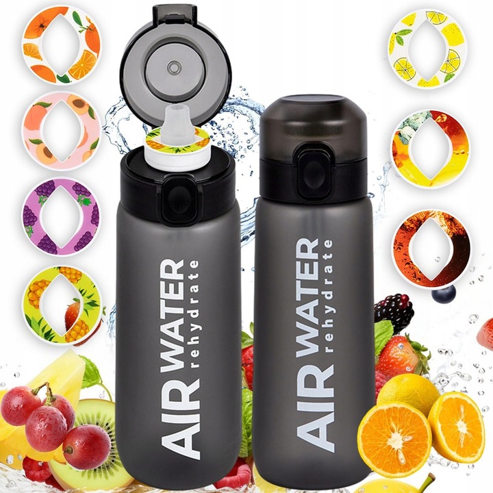 Sticla de apa cu capsule aromate, YOUKUKE®, sticla sport cu pai, ideala pentru sala, activitati in aer liber(Negru inghetat + 7 capsule de arome)