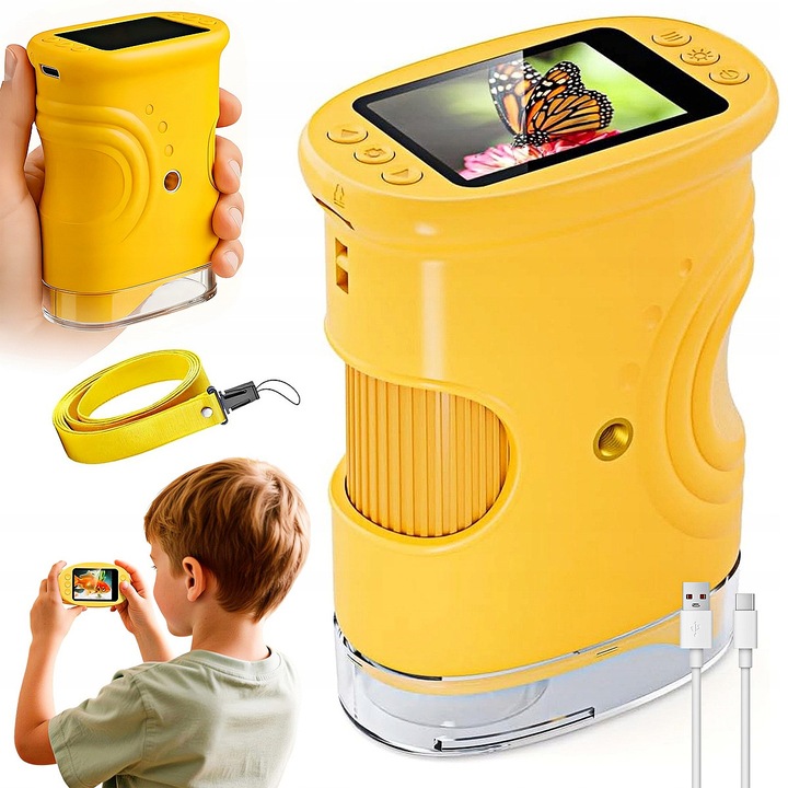 Microscop educational pentru copii, YOUKUKE®, Coil, 1000x marire, Ecran IPS de 2,0", LED, set cu 2 preparate