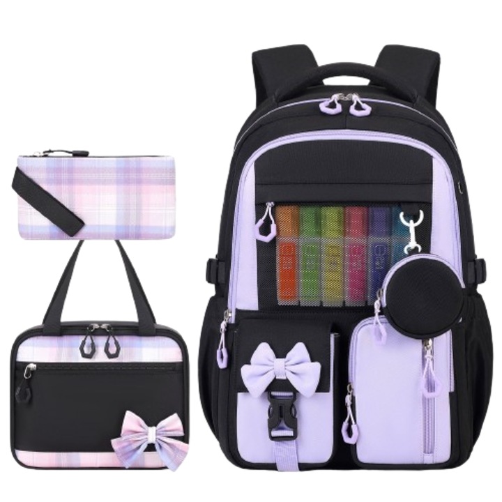 Set ghiozdan student, capacitate mare, rucsac cu doua bretele, geanta de pranz izolata, penar