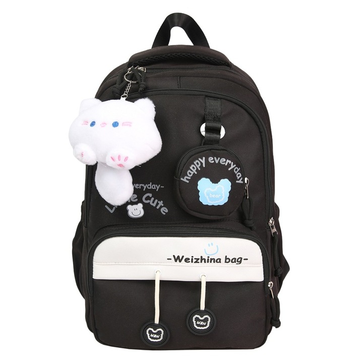 Iskolatáska diákoknak, színes design, nagy kapacitású, plüss medállal, fekete